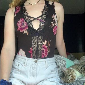 Deep-V Black Floral Lacey Bodysuit